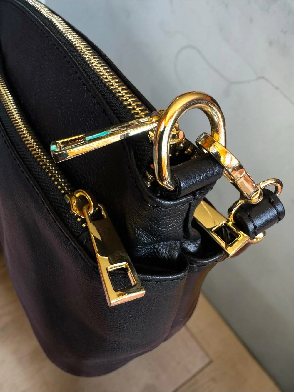 Divina Firenze Lilla Triple-Zip Black Italian Pebbled Leather Shoulder Bag.